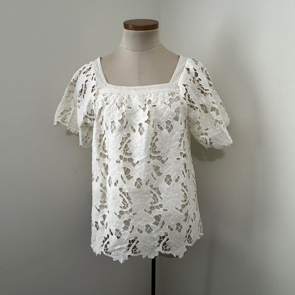 NEW Umgee Small Ivory Lace Eyelet Floral Blouse Top Square Neck Coquette Cottage